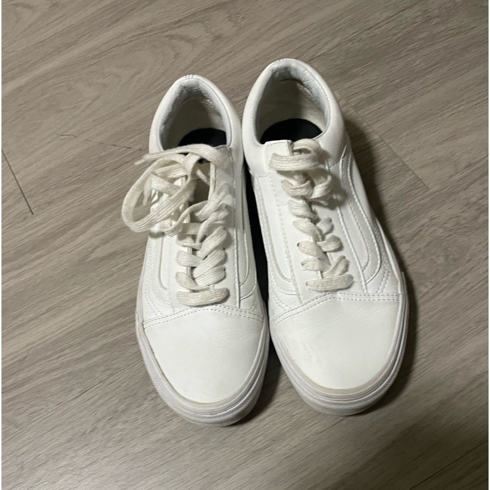 Triple White All Leather Vans Size 7.5 Women, Good Used Condition